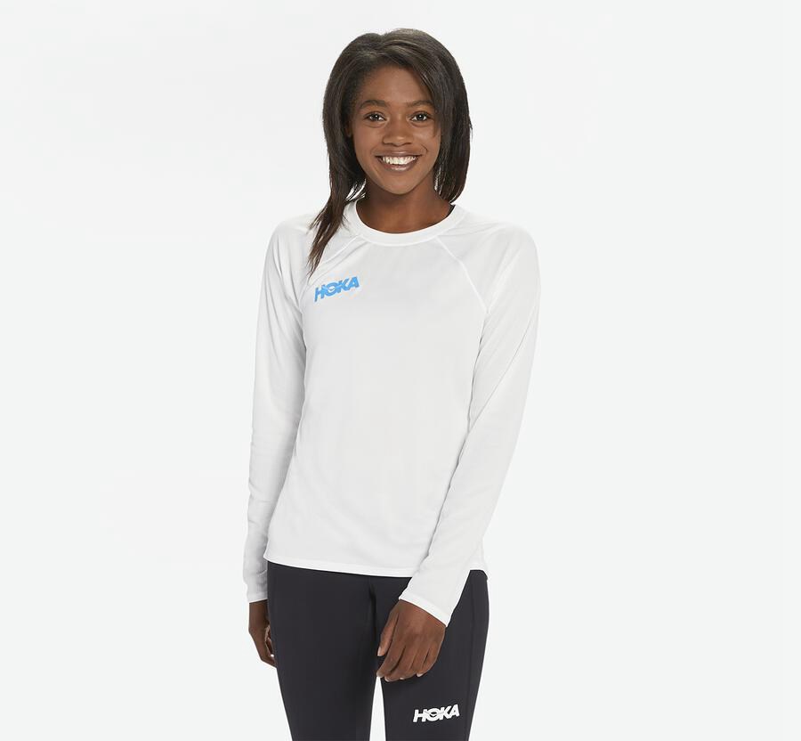 Hoka One One Top Damske Biele - Performance Dlho Sleeve - 47826-YUBI